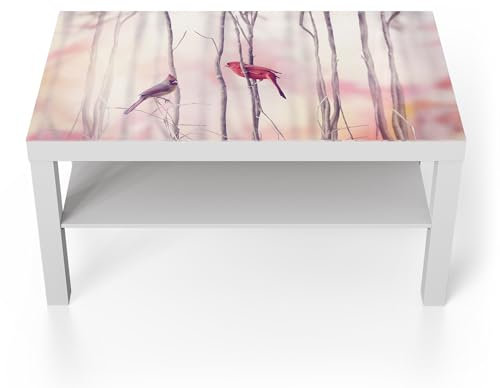 DEQORI Glastisch | weiß groß 90x50 cm | Motiv Gefiederte Freunde | ausgefallener Beistelltisch aus Glas | Hochglanz Couchtisch fürs Wohnzimmer | moderner Couch Tisch mit Design