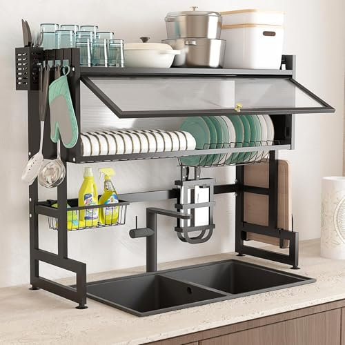 TOTEBOX Over the Sink Dishes Drainer Dish Drying Rack with Flip Cover, 3-Tiers Kitchen Dishes Storage Shelf Utensil Holder, Storage Basket, Cutting Board Holder, 6 Hook (85 * 30 * 80 cm)
