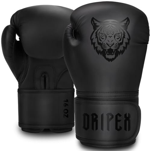 Dripex Gants de Boxe, Gants d'Entraînement de Boxe PU Cuir, Gants Sac de Frappe Homme Femme Boxing Gloves Professionnels pour Arts Martiaux Muay Thai Kickboxing MMA Adulte Jeunes Noir(16 oz)