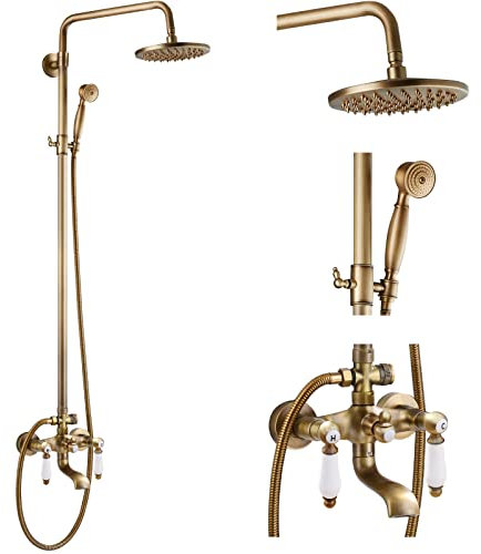 Antique Brass 8’’ Round Shower Head Triple Function Exposed Pipe Shower System Mixer Faucet Set with Handheld Sprayer and Tub Spout Wall Mount