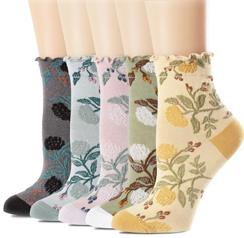 bropapa Women's Ruffle Socks,Cute Vintage Patterned,Ankle High,Casual Fashion Dress Socks,Lettuce Floral sock 5 Pack (Size5-9)