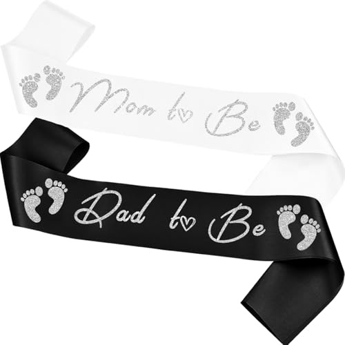 2 Pcs Mom to be and Dad to be Sash Baby Shower Decorations Supplies for Mother Father Gifts Gender Reveal Party Boy or Girls, White Silver