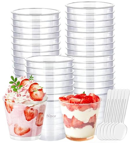 WSeltrium Lot de 50 Tasses à Dessert 200ml, Ensemble De Tasses à Dessert Tasse à Dessert Réutilisable Avec Cuillère Pour Les Desserts De Fêtes Dessert