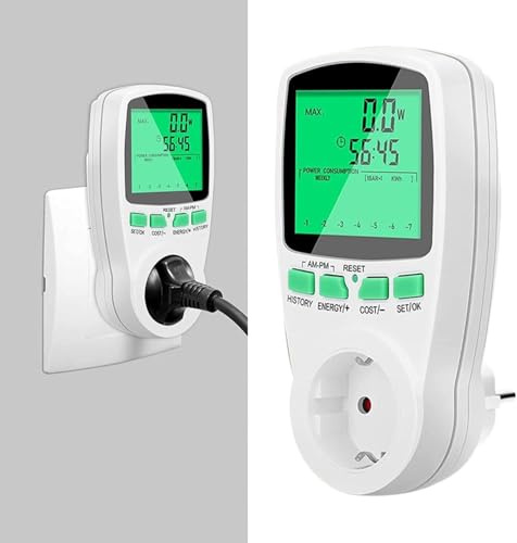 Stromzähler für Balkonkraftwerk für Steckdose,3680W/16A, Strommessgerät für die Steckdose,mit 7 Überwachungsmodi, Überlastsicherung, LCD Bildschirm Hintergrundbeleuchtung, grün