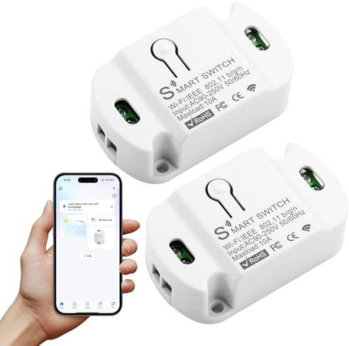 2PC Interruttore WiFi, Interruttore Alexa Luci, Mini Interruttore Smart Home Luci, Controllo Vocale/Timer, Interruttore intelligente Con Controllo Tuya/Smart Life APP compatibili con Alexa Google Home