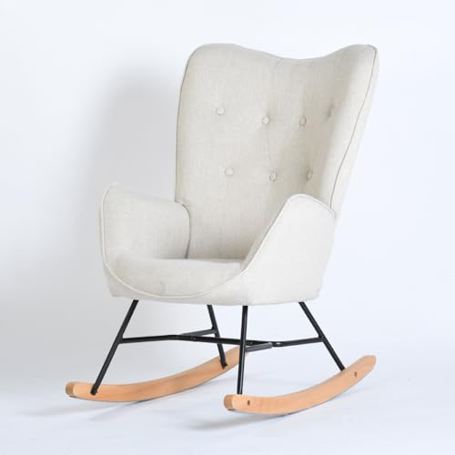 MEUBLE COSY Schaukelstuhl Sessel Stillstuhl mit Armlehnen Gepolsterter Sitzfläche Schaukelsessel Relaxsessel für Wohnzimmer Schlafzimmer, Bouclé-Stoff und Holzkufen, Bis 120 kg Belastbar, Beige