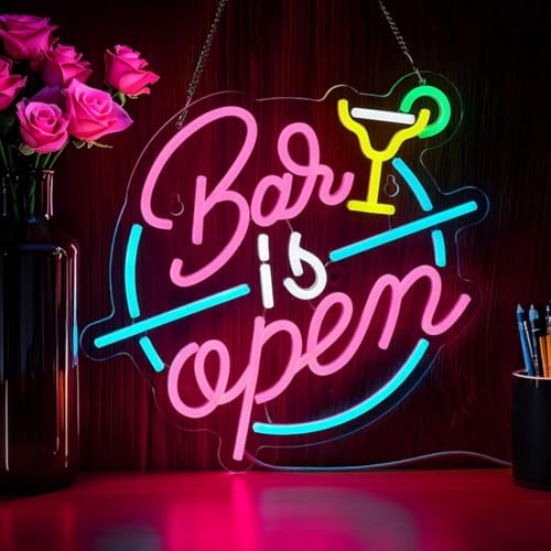 Neonschild „Bar is open“ zur Wanddekoration, Bier-/Cocktailbar „geöffnet“, LED-Leuchtschild mit Dimmer für Kneipe, Restaurant, Männerhöhle, Zimmer, Party, Geschäftsanlässe, Kunstdekor, Geschenk