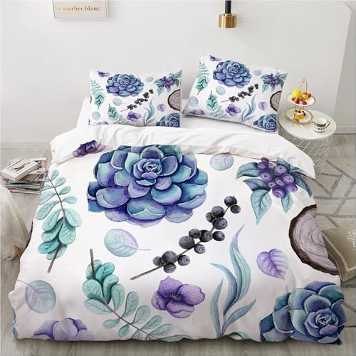 LUYAPOND Plante Housse de Couette 240 x 260 Adulte Prune à La Blueberry Succulent Parure de Lit 240 x 260 Adulte Microfibre avec 1 Housse Couette + 2 Taie d'oreiller 65x65 cm