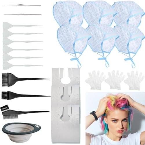 6 Pcs Cuffia Meches Cuffia Per Meches Cuffie Usa E Getta Capelli Con 3 Pennelli Per Tinture, 8 Ferri Da Maglia, 3 Grembiuli, 3 Paia Di Guanti E 1 Ciotola Pieghevole Per Tinture