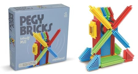 Miniland - Pegy Bricks: Windy Mill - Baukasten für Kinder mit 22 Teilen zum Bauen Einer Windmühle mit drehbaren Flügeln, fördert Kreativität und Motorik, ab 2 Jahren