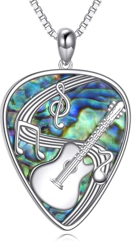 JERWLI Gitarre Plektrum Kette aus S925 Sterling Silber Gitarre Plektrum Musiknote Anhänger Halskette Abalone Muschel Schmuck Geschenk für Musiker Frauen Männer sowie Gitarren liebhaber