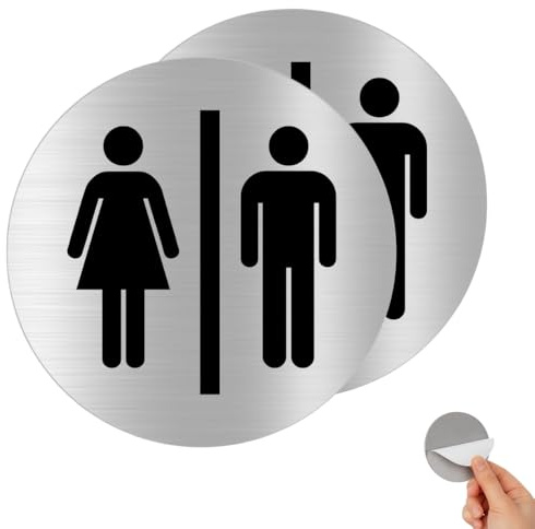 Señal Autoadhesiva de Aluminio WC Mixto Ø100 mm – Placa Redonda 0,8 mm – Pack 2 – Cartel Aseo Compartido para Baños, Aseos y Zonas Comunes