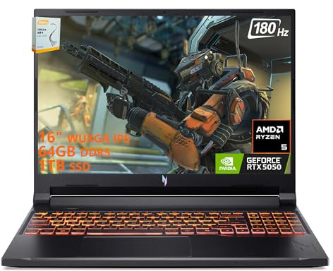 acer Nitro V 16 AI Gaming Laptop | 16 WUXGA IPS 180Hz | AMD 6-Core Ryzen 5 240 | 64GB DDR5 1TB SSD | GeForce RTX 5050 8GB DLSS4 (Up to 440 AI Tops) | Backlit Keyboard Win11 w/DLCA Accessory