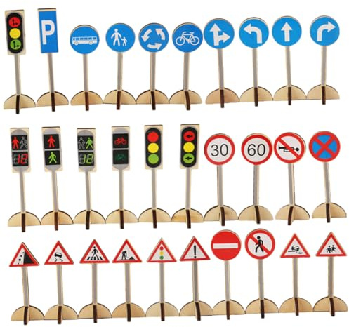 Warmhm Jouet Éducatif Panneau Signalisation Routière en Bois 30 Pièces pour Garçon et Filles, Ensemble de Panneaux Routiers Miniature, Apprentissage Cognitif Circulation Sécurité, Jeu