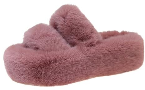 Generiska unisex vinterfodrade vinterskor med pälsfoder tofflor plysch varm tjock sula mjuk fotbädd filttofflor filt tofflor öppen tå platta tofflor hustofflor, ROSA, 35 EU