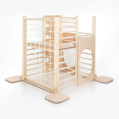 HOMEforDREAMS Torre da arrampicata in legno per bambini – Mobili da gioco indoor ispirati Montessori, struttura da arrampicata quadrata (marrone chiaro, con bordo interno)