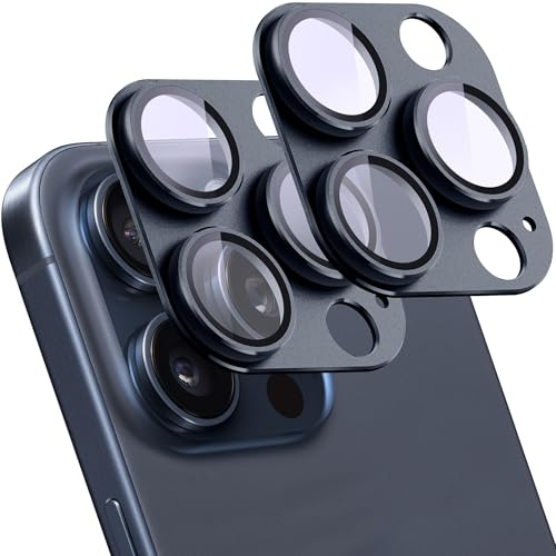 2 Pezzi Protezione Lente Fotocamera per iPhone 15 Pro/15 Pro Max,Copertura Posteriore in Vetro Temperato AR in Metallo,Anti-Graffio,Forte Adesione,Compatibile con Custodie,Facile da Installare-Blu