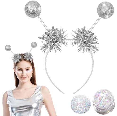 Alien Haarreif Silber, Space Girl Stirnband, Discokugel Haarreif, Haarreifen Galaxy, mit Schwingenden Glitzerkugeln und Holografischer Glitter, Fasching Kopfschmuck Karneval Weltall Kostüm Accessoires