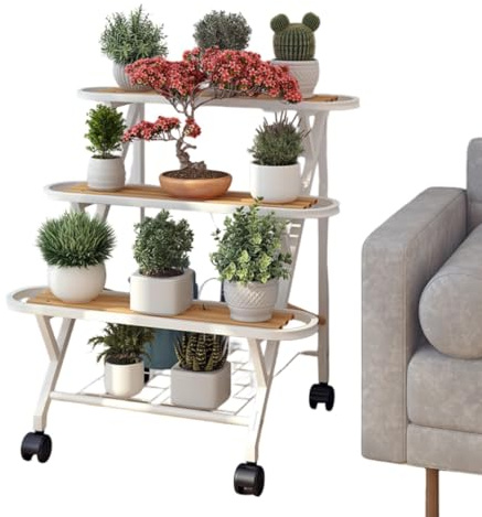 CZDANG Présentoir à Fleurs en métal Peu encombrant, Supports à Plantes en échelle avec Roues, Support à Plantes Minimaliste à 4 Niveaux for Jardin extérieur, Patio, Bureau, Balcon(100 * 61 * 72cm)