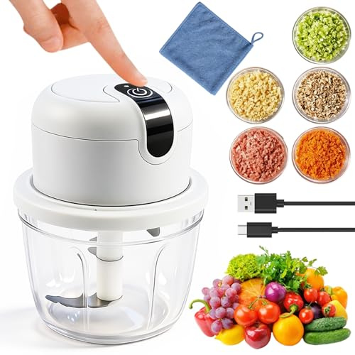 Elektrischer Küchenzerkleinerer, 350ml Zwiebel Zerkleinerer Elektrisch, USB-Aufladung, Kabelloser Zerkleinerer mit Mikrofasertücher, Gemüsezerkleinerer Klein für Zwiebeln Obst Nüsse Fleisch, Knoblauch