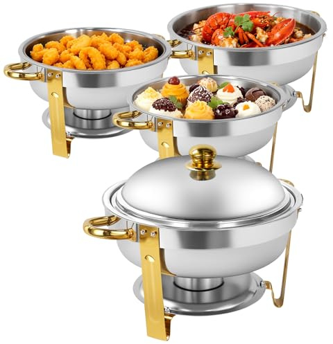 XYJBHB Chafing Dish Buffet Set 4 PACK, 6QT Round Chafing Dishes & Food Warmers, Gold Chafing Dishe for Buffet, Stainless Steel Chafer for Catering Lid, Food Warmers for Parties