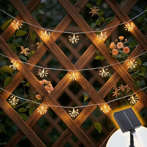SALCAR Cadena de luces solares para exteriores, 10 unidades, 150 LED, con mando a distancia, 8 modos, 4 niveles de brillo, resistente a la intemperie, fuegos artificiales para jardín, balcón, terraza