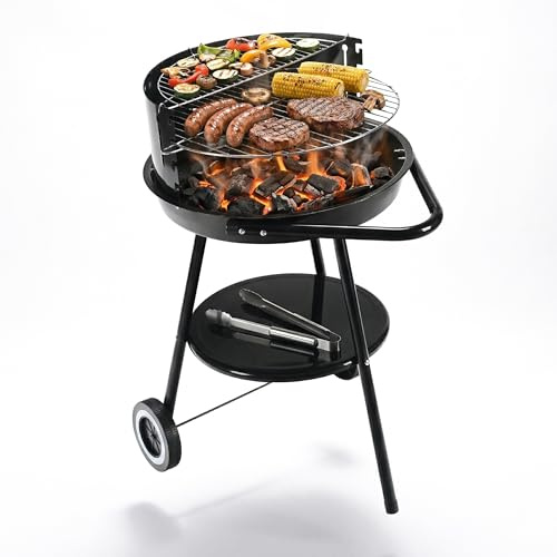 Relaxdays kolgrill med hjul, Ø 47 cm, trädgård & park, vindskydd, svart