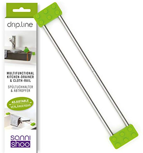 Sanni Shoo drip.line - Spültuchhalter multifunktional, grün | Ausziehbarer Spüllappenhalter bis 56,6cm, Rostfreier Edelstahl, als Abtropfgitter Spüle und Lappenhalter Spülbecken