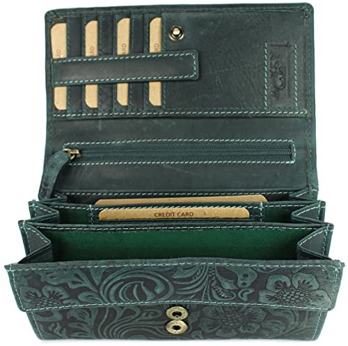 Belli hochwertige Vintage Leder Damen Geldbörse Portemonnaie langes großes Portmonee Geldbeutel aus weichem Leder in Petrol Gemustert - 17,5x10x4cm (B x H x T) (Petrol Gemustert)