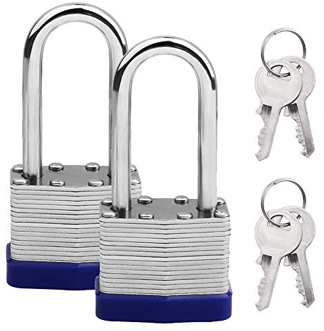 Cyleibe 2 Pack Pad Lock, Long Shackle Heavy Duty Padlock with Key, Weatherproof Laminated Padlock for Outdoor Use, Shed, Garage, Fence