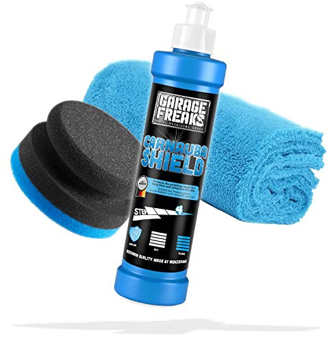 Garage Freaks Handpolitur Set - Step 4: Protection Versiegelung Carnauba Shield 250ml - Mit Abperleffekt und Tiefenglanz + Auftragsschwamm + Mikrofaser Poliertuch - Für eine optimale Auto Politur