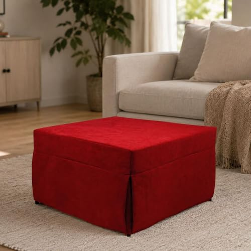 Dmora Puof in ein Einzelbett umwandelbar, Made in Italy, Klappbett, Pouf mit abnehmbarem, platzsparendem Stoff für das Wohnzimmer, cm 78x78 / 195h45, Rot