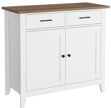 HORSTORS Kitchen Storage Cabinet, Modern Farmhouse Buffet Cabinet with Storage, Coffee Bar with 2 Drawers and 2 Doors, Floor Sideboard Buffet for Living Room, Dining Room, Bathroom, Ivory White