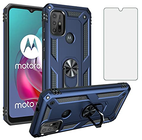 Asuwish Funda para Motorola Moto G30/G20/G10 con Cristal Templado Protector Pantalla Vidrio Pelicula Protectora Magnética Anillo Soporte TPU Silicona G 30 20 10 Power 30G Móvil Tapa Carcasa Case Azul