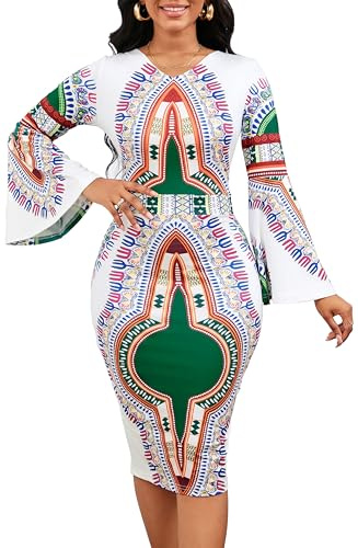 SxClub African Traditional Dresses for Women Long Bell Sleeve Outfits