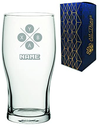 Personalised Engraved Pint Glass with X Controller Button Design, Gift Boxed, Personalise with Any Name for Any Gamer