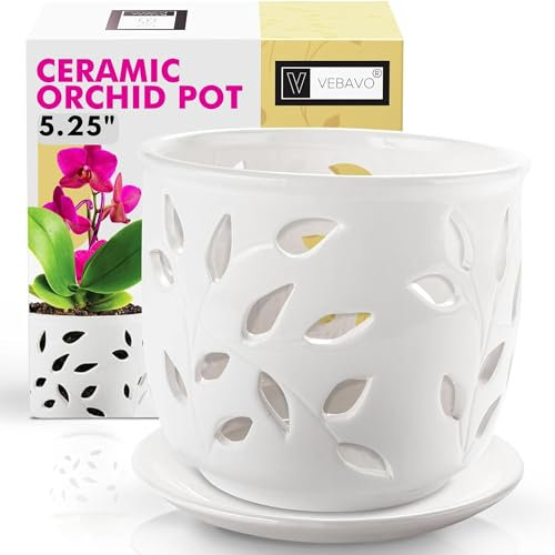 VEBAVO Orchid Pot with Holes & Saucer Ceramic 5.25 in. Indoor Or Outdoor Large Pot for Orchid Care & Root Health with Precise Aeration & Drainage – Durable for Repotting Or New Plants