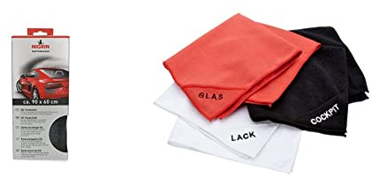 NIGRIN XXL-Trockentuch, 920 GSM & Mikrofaser-Set für Lack, Glas und Cockpit, kratzerfreies Auspolieren, Reinigung von Autoscheiben, Reinigung von Allen Kunststoffen im Innenraum, je 40x40 cm