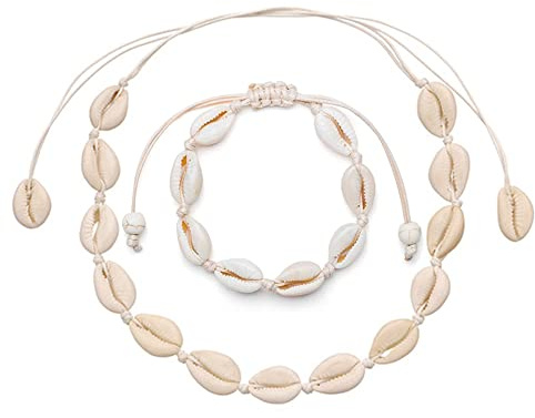 Liitata Set di 2 collane a conchiglia, collana girocollo con conchiglie, cavigliere fatte a mano, collana hawaiana, regolabile, per donne e ragazze, colore bianco