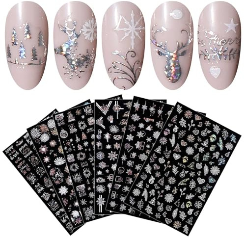8 Blatt Nagelsticker Weihnachten Nagelaufkleber Selbstklebend Laserweiße Schneeflocken Weihnachten Nail Art Sticker Dekoration Nageldesign Zubehör
