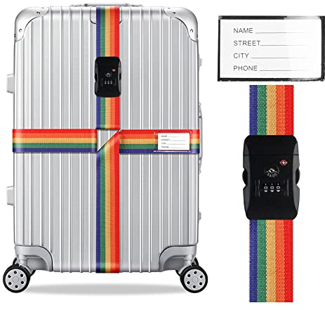 Veki Koffergurt mit TSA Schloss, Kofferband Auffällig, Bunt, 1 Stück | Kreuz Kofferband Gurt mit Zahlenschloss, Kofferbänder mit Namensausweis für Samsonite Koffer/Rimowa, Koffergurte für Reisen