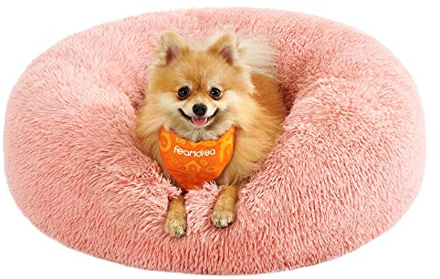 Feandrea fluffig hundsäng, kattsäng, donutkudde, tvättbar, avtagbar mittstoppning, lång plysch, 60 cm diameter, rosa PGW038P01