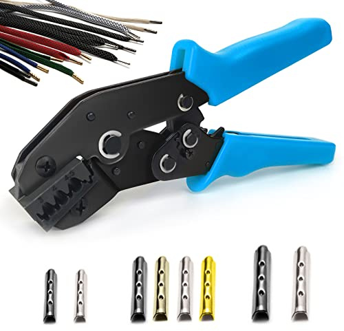 Aglet - Strumento di crimpatura, per lacci delle scarpe, accessorio per lacci delle scarpe, estremità di ricambio con 160 pezzi in metallo, adattamento 3/4/4,5 mm (blu)