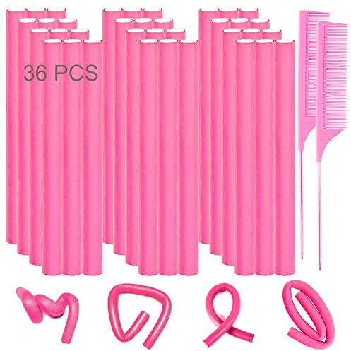Jusbuya 38PCS Flexible Curling Rods, 9.45 FlexiRods for Natural Long Hair, No Heat Heatless Bendy Foam Hair Curlers, with 2 Steel Pintail Combs
