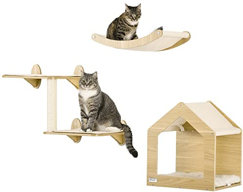 PawHut Estantes para Gatos de Pared 3 Piezas con Caseta y Hamaca Roble