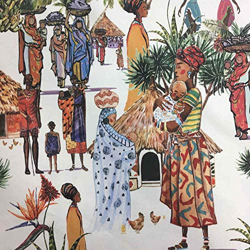 Kt KILOtela - Tela Loneta Estampada Digital, Half Panamá Algodón, Decoración, Tapizar, Cojines, Cortinas, Colchas, Manteles, 100 cm Largo x 280 cm Ancho, Poblado Africano - 1 metro