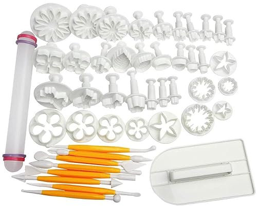 Juego de herramientas para fondant, 46 moldes de decoración de pasteles de azúcar con alisador de pasteles, rodillo, accesorios de modelado de arcilla para hornear