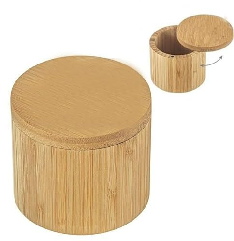 Saleros de Bambú - Salero de Cocina con Tapa Giratoria 360º Magnética Caja 100% Bambú, Materiales Naturales (9cm de Diametro - Tapa Giratoria)