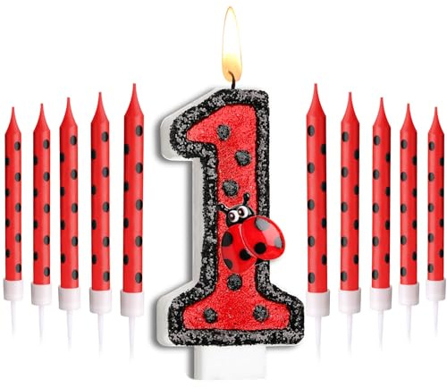 Herdear Marienkäfer Nummer 1-9 Geburtstag Kuchenkerze Ziffern Geburtstagskerzen Geburtstagsdeko Schwarz Rot Marienkäfer Punkt Tortenkerzen Marienkäfer Kerzen für 1. Geburtstag Baby Party (Nummer 1)