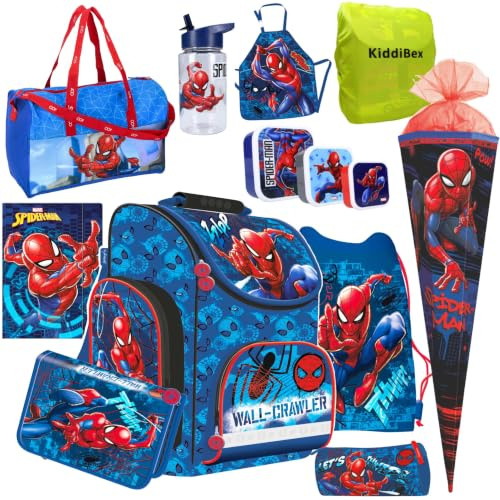 KiddiBex Spiderman Schulranzen Set 13-TLG. - Schultasche Jungen 1. Klasse - Grundschule Ranzen - Ergonomischer Schulrucksack